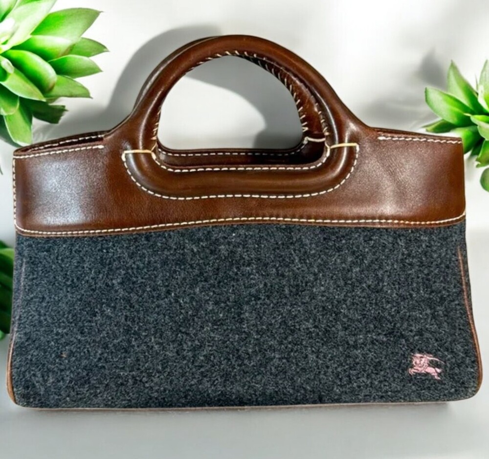 Burberry Blue Label Grey Wool and Leather Satchel Vintage with COA